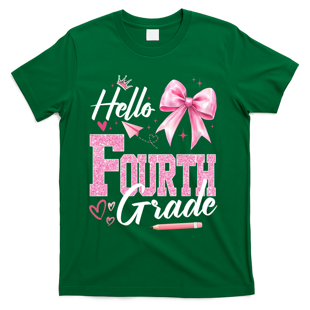 Hello Fourth 4th Grade First Day Of School Coquette Teacher T-Shirt - Green