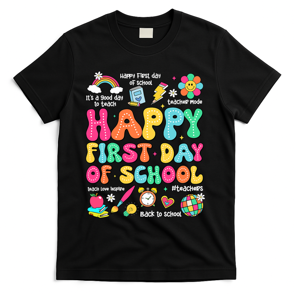 Happy First Day Of School Teacher 1st Back To School T-Shirt - Black