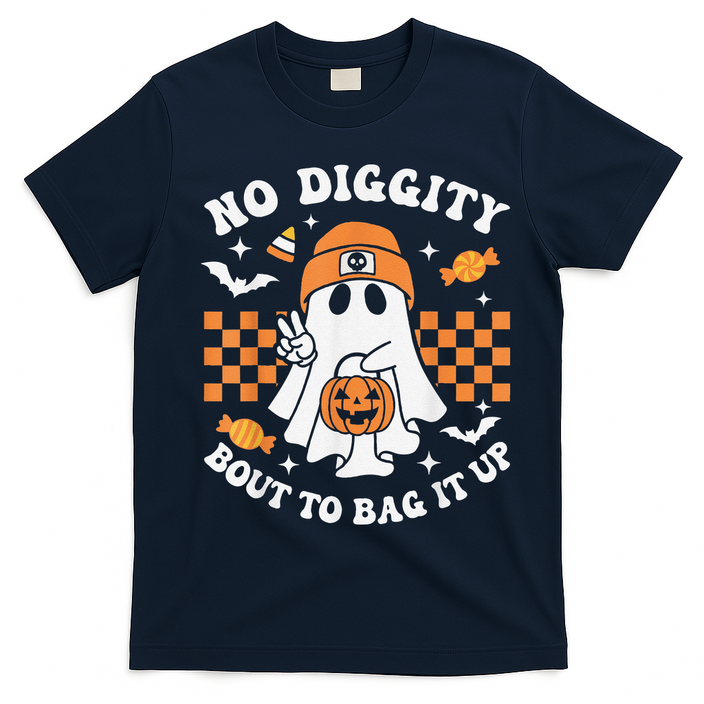 Halloween Ghost No Diggity Bout To Bag It Up T-Shirt - Navy Blue