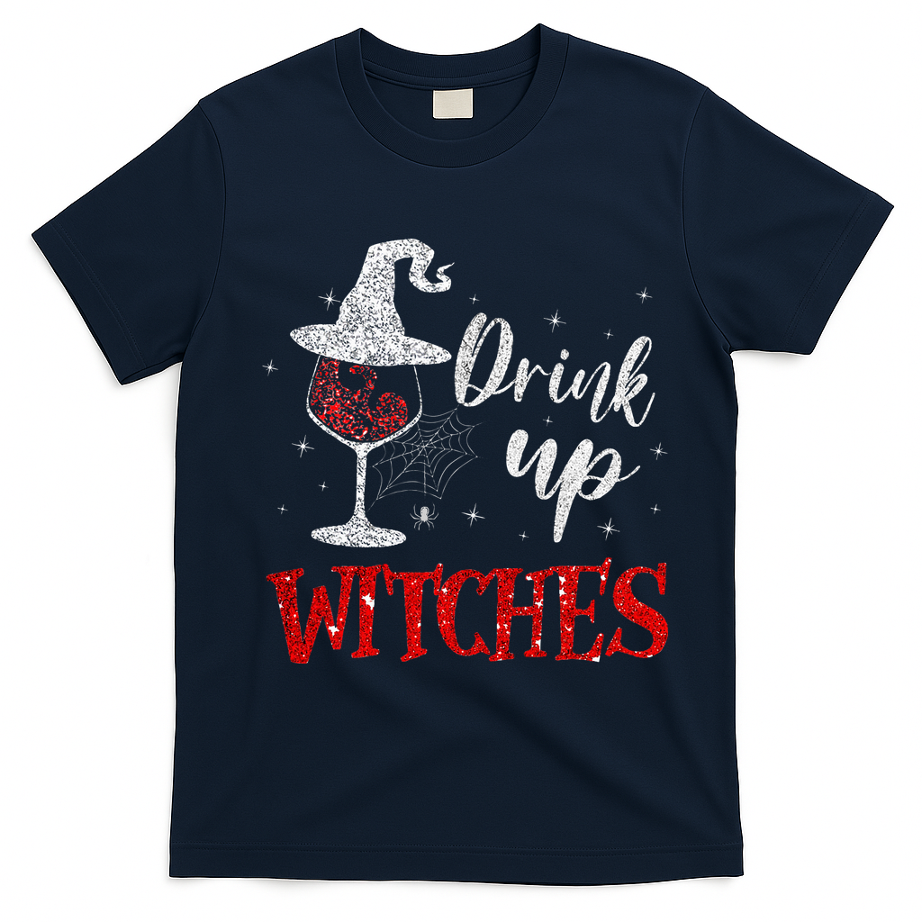 Halloween Glass Of Wine Drink Up Witche T-Shirt - Navy Blue
