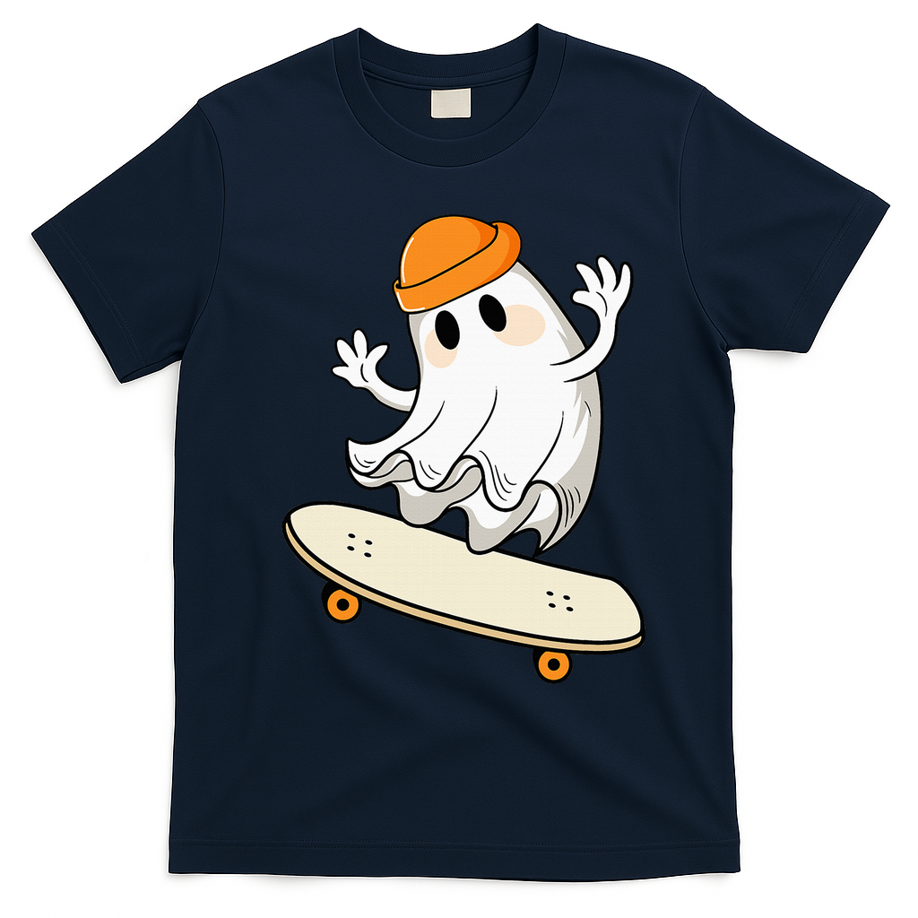 Halloween Ghost Skateboard Halloween Skateboarding T-Shirt - Navy Blue