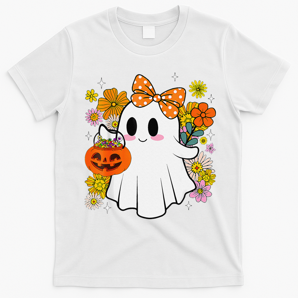 Halloween Groovy Trick Or Treat Cute Ghost Floral Women Girl T-Shirt - White