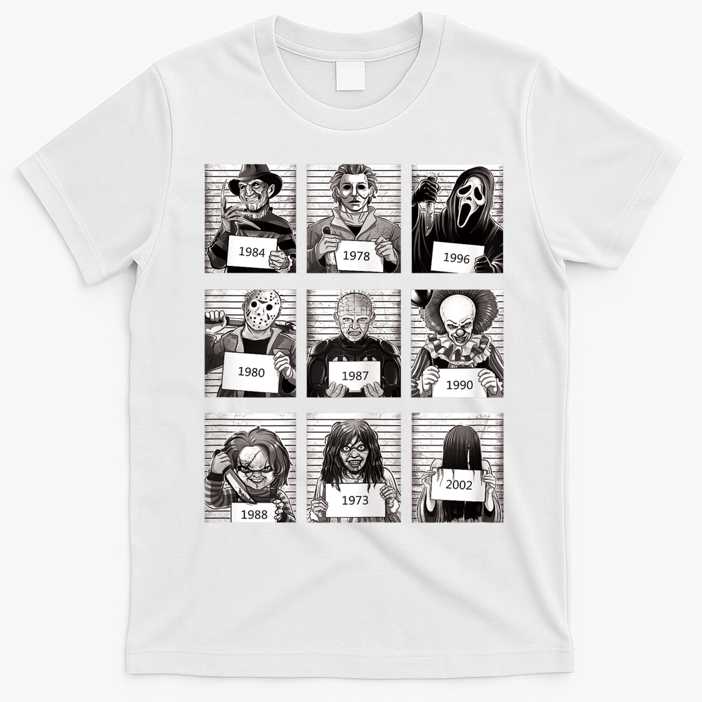 Halloween Horror Legends Killer Mugshots Creepy Fan T-Shirt - White