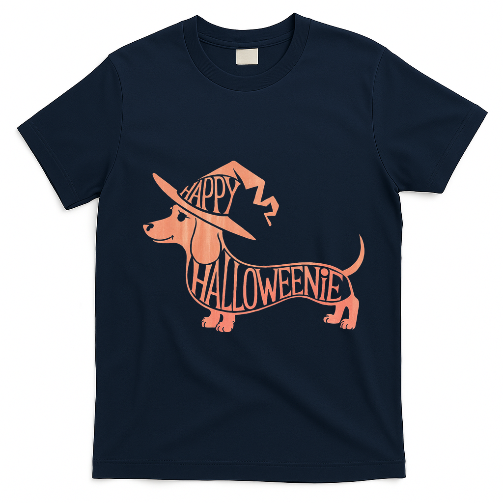 Happy Halloweenie Weiner Dog Cute Dachshund Witch Hat T-Shirt - Navy Blue