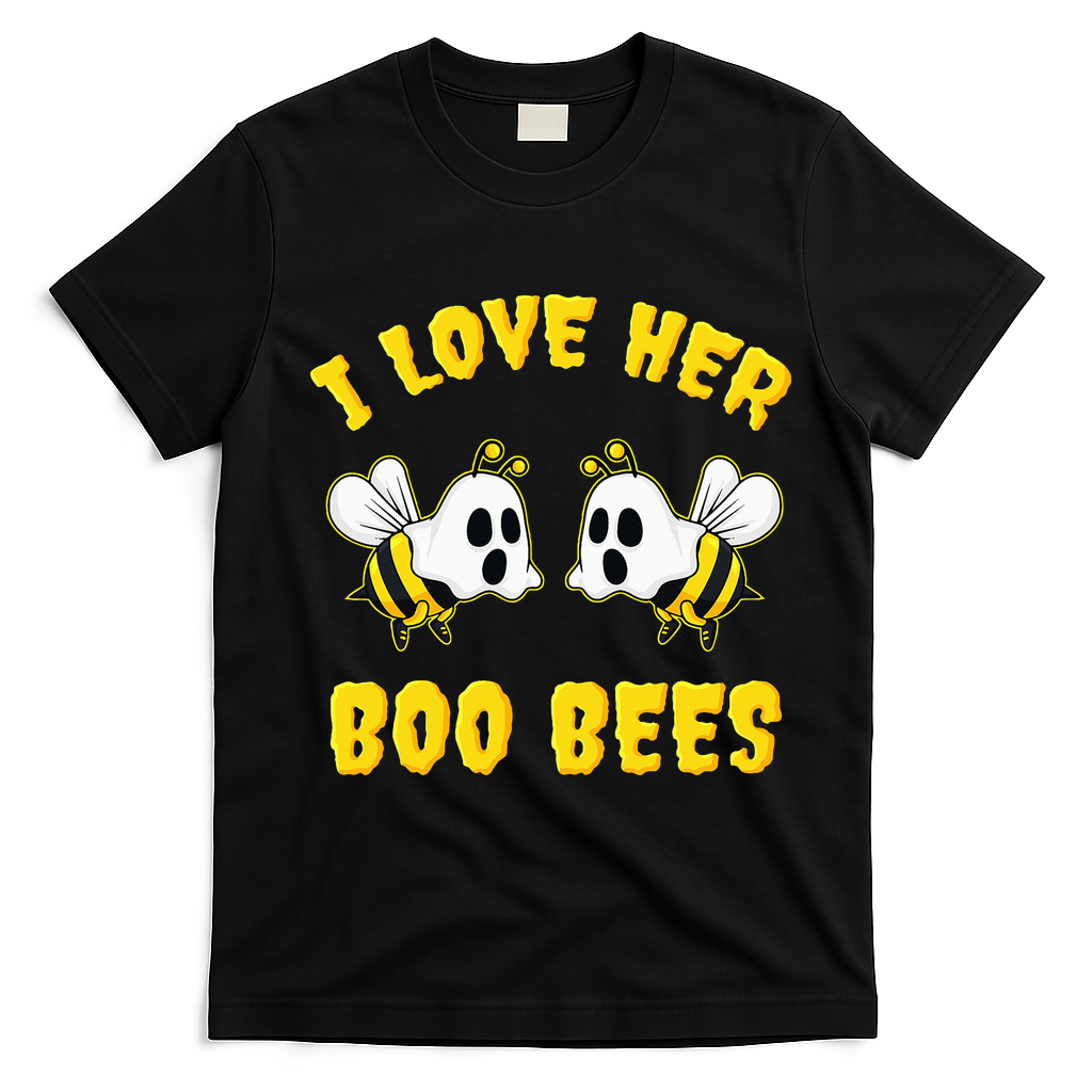 Halloween I Love Her Boo Bees Funny T-Shirt - Black