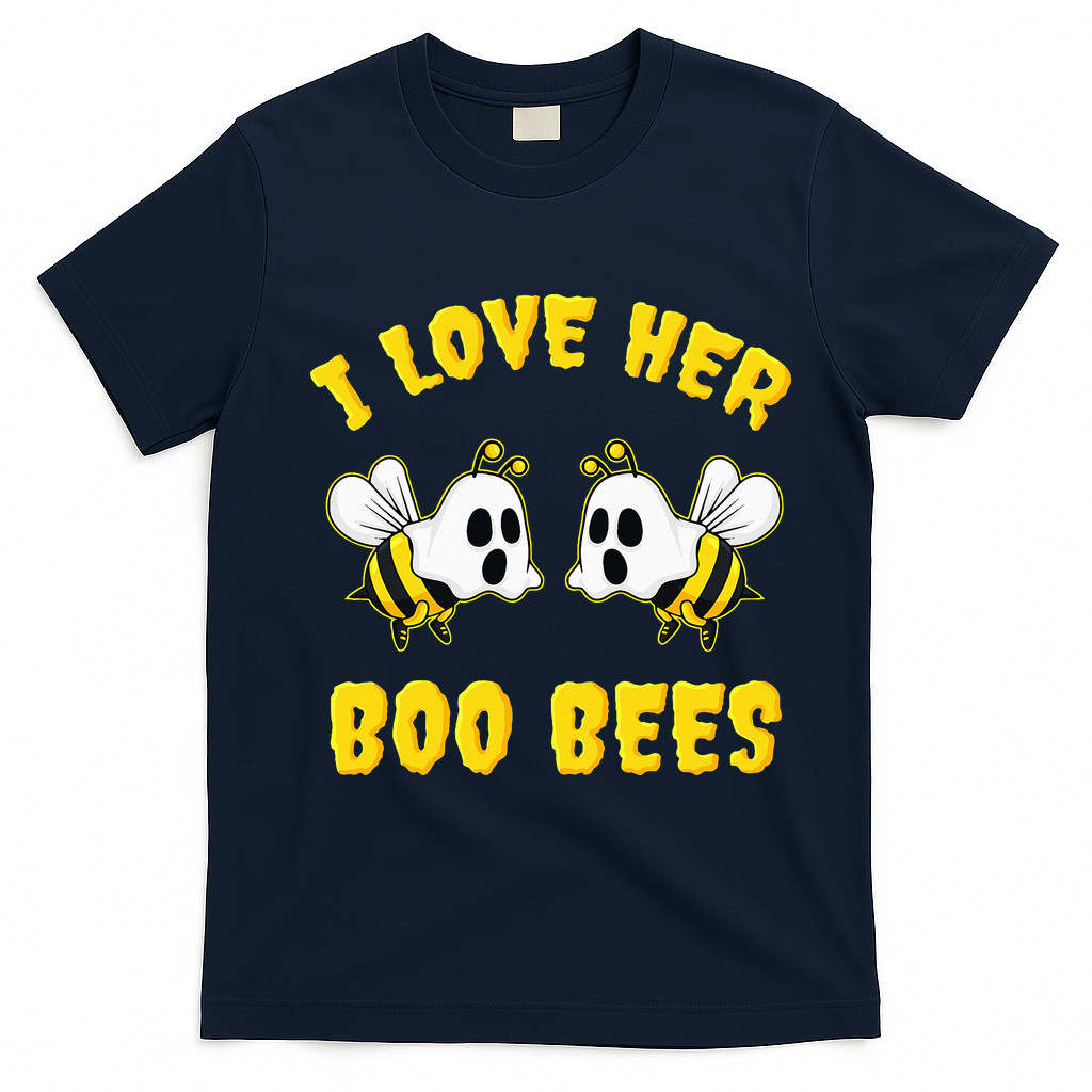 Halloween I Love Her Boo Bees Funny T-Shirt - Navy Blue
