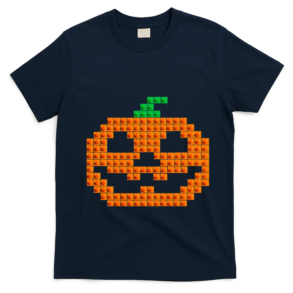 Halloween Master Builder Pumpkin Brick Building Block T-Shirt - Navy Blue