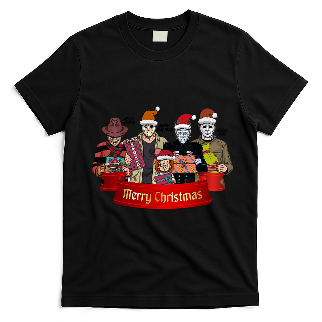 Horror Merry Christmas Halloween Friends Funny Costume T-Shirt - Black