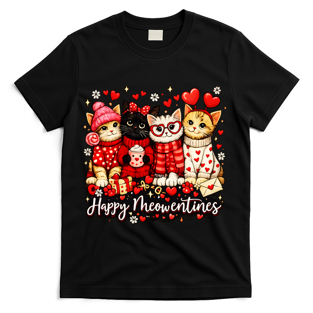 Happy Meowentines Cute Valentine Cat Lovers T-Shirt - Black