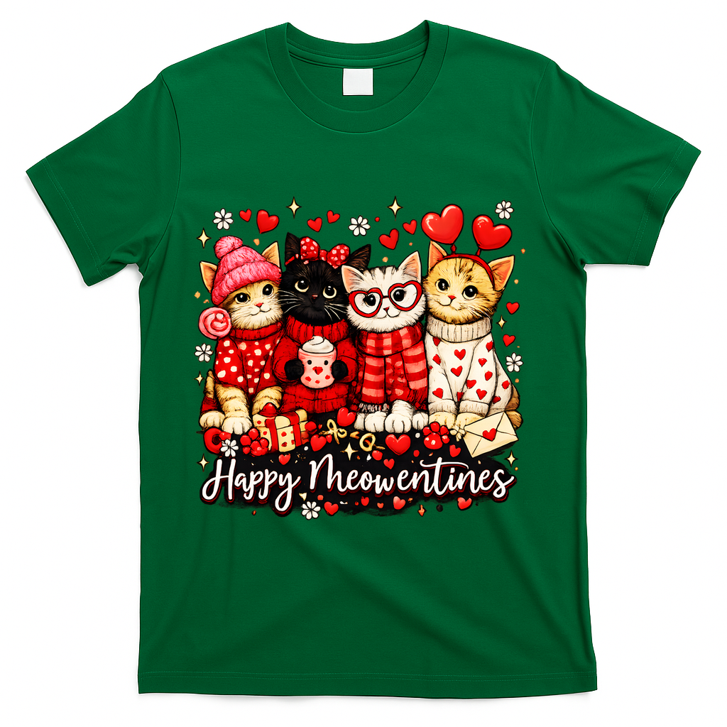 Happy Meowentines Cute Valentine Cat Lovers T-Shirt - Green