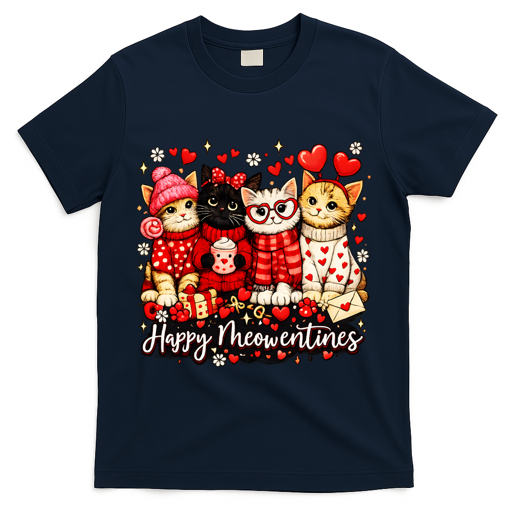Happy Meowentines Cute Valentine Cat Lovers T-Shirt - Navy