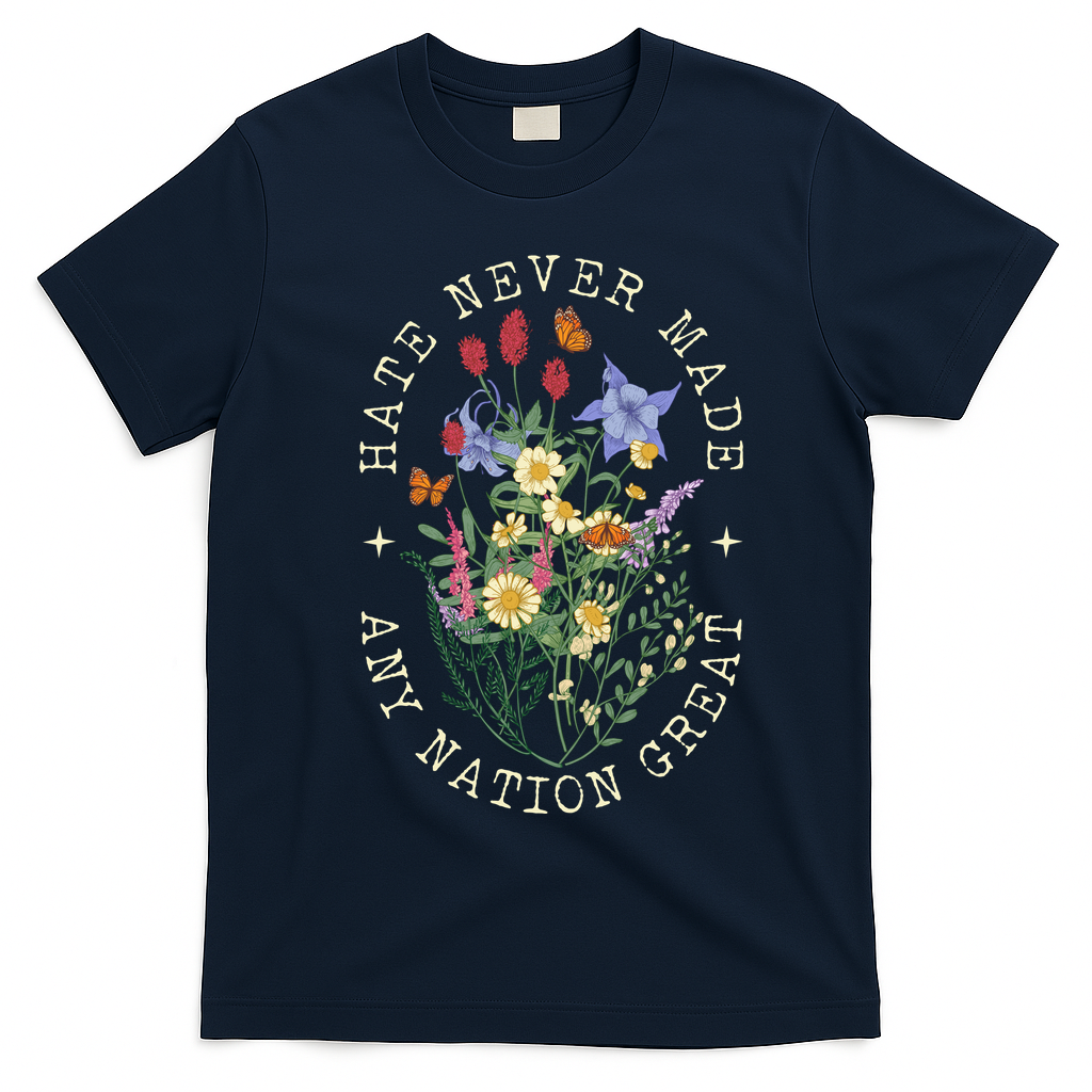 Hate Never Made Any Nation Great Anti Trump Vintage Flowers T-Shirt - Navy Blue