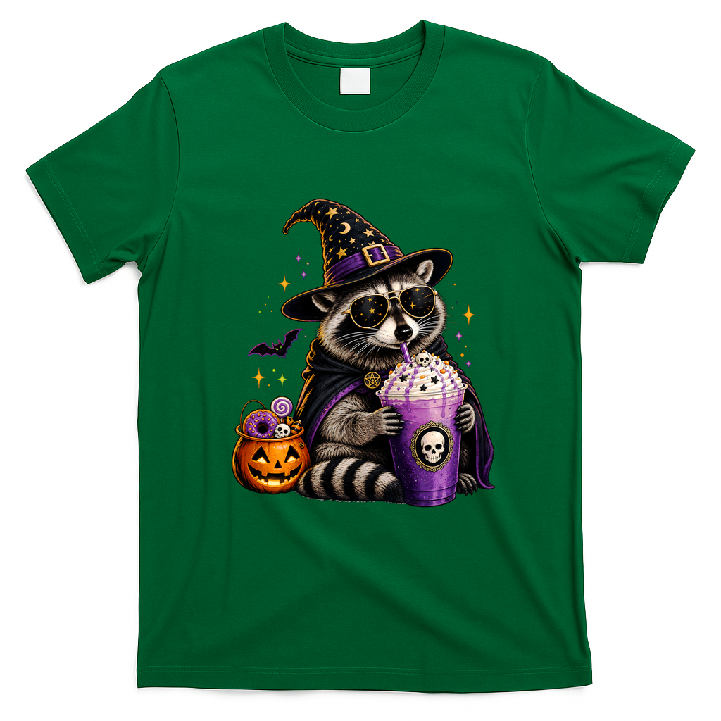 Halloween Raccoon Drinking Coffee Spooky T-Shirt - Irish Green