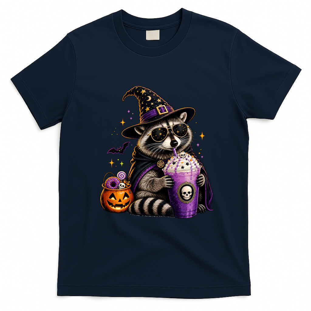 Halloween Raccoon Drinking Coffee Spooky T-Shirt - Navy Blue