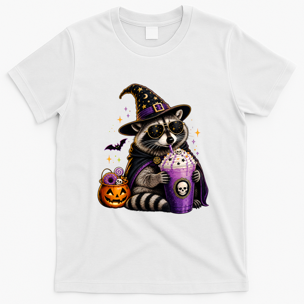 Halloween Raccoon Drinking Coffee Spooky T-Shirt - White