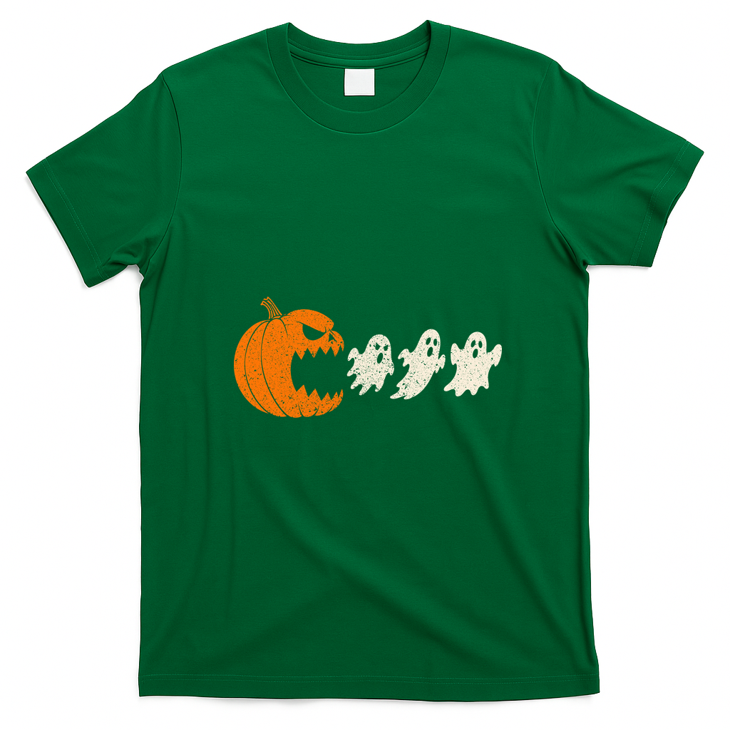 Halloween Retro Gamer Pumpkin Eating Ghost T-Shirt - Irish Green