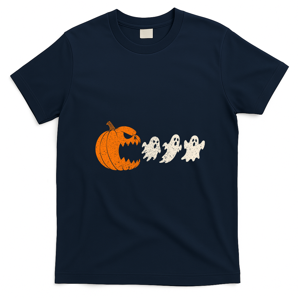 Halloween Retro Gamer Pumpkin Eating Ghost T-Shirt - Navy Blue