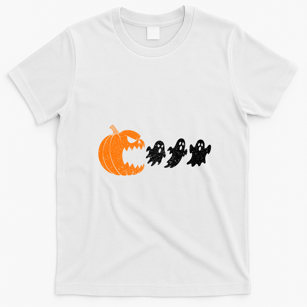 Halloween Retro Gamer Pumpkin Eating Ghost T-Shirt - White