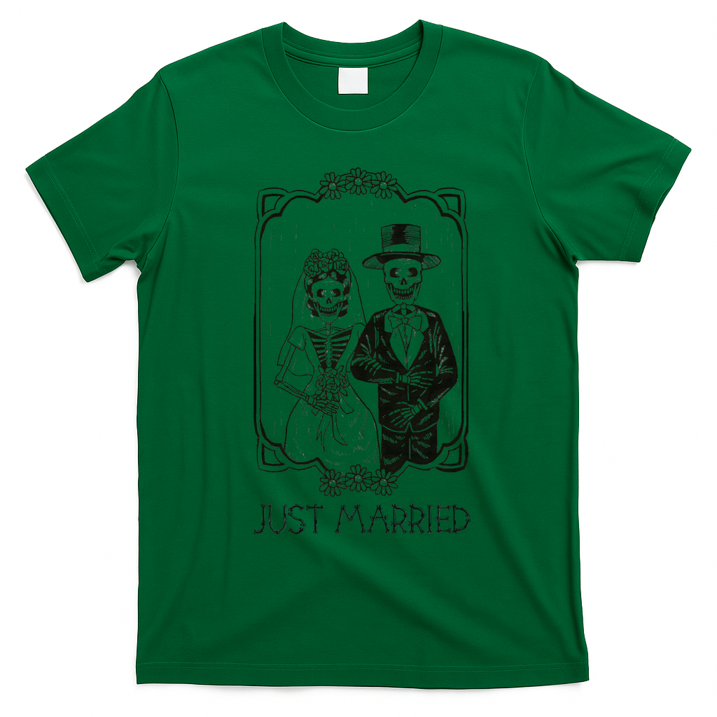 Halloween Skeletons Bride And Groom Just Married Funny T-Shirt - Irish Green