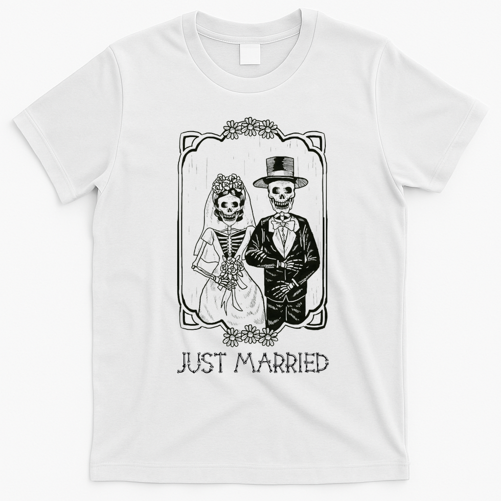 Halloween Skeletons Bride And Groom Just Married Funny T-Shirt - White