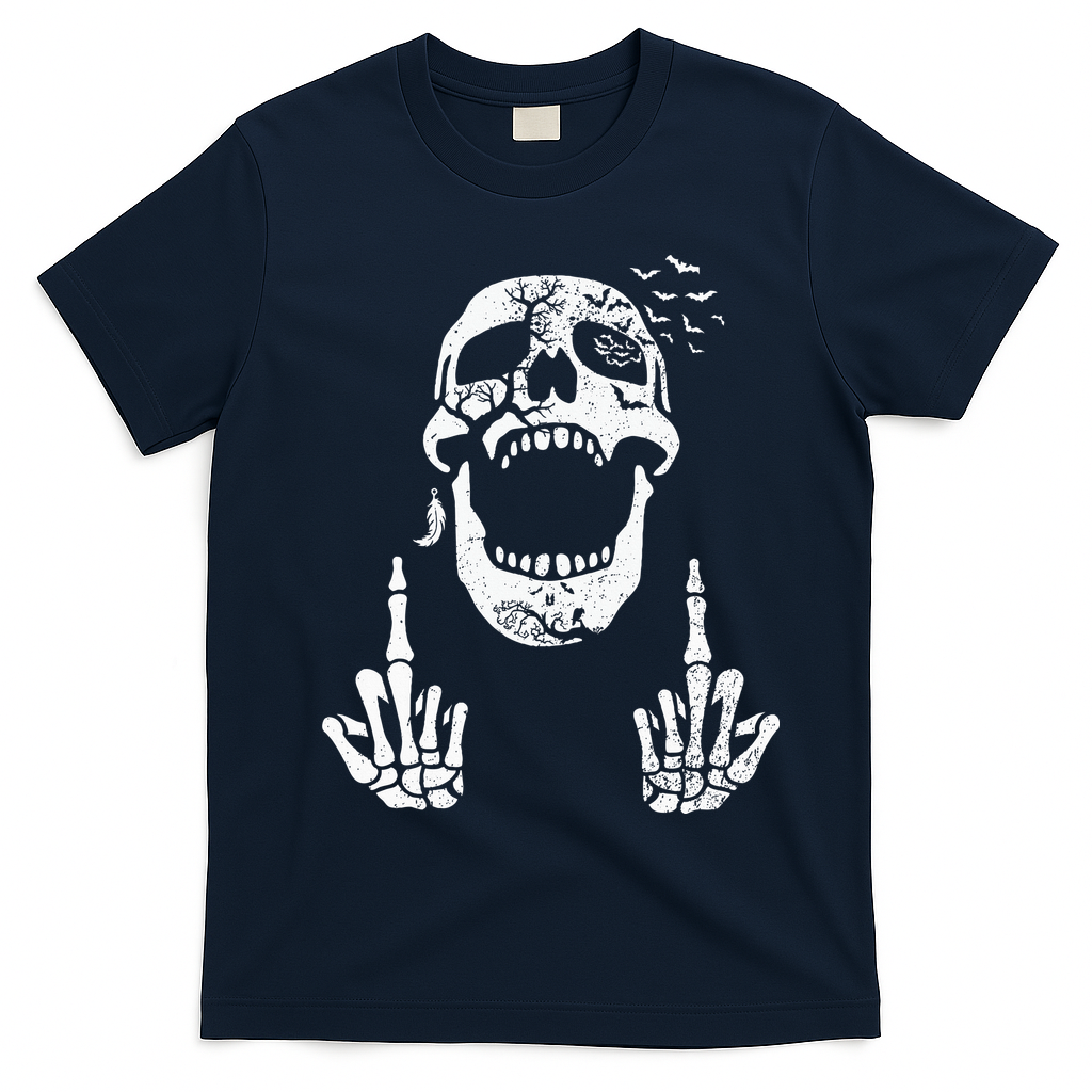 Halloween Skeleton Bones Middle Finger Skull T-Shirt - Navy Blue