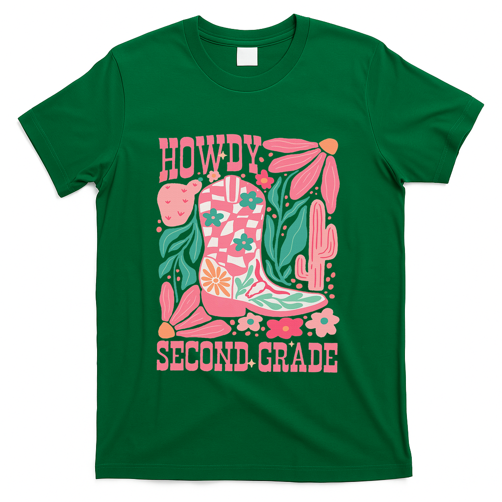 Howdy Second Grade Western 2nd Grade Teacher Cowboy Cowgirl T-Shirt - Green