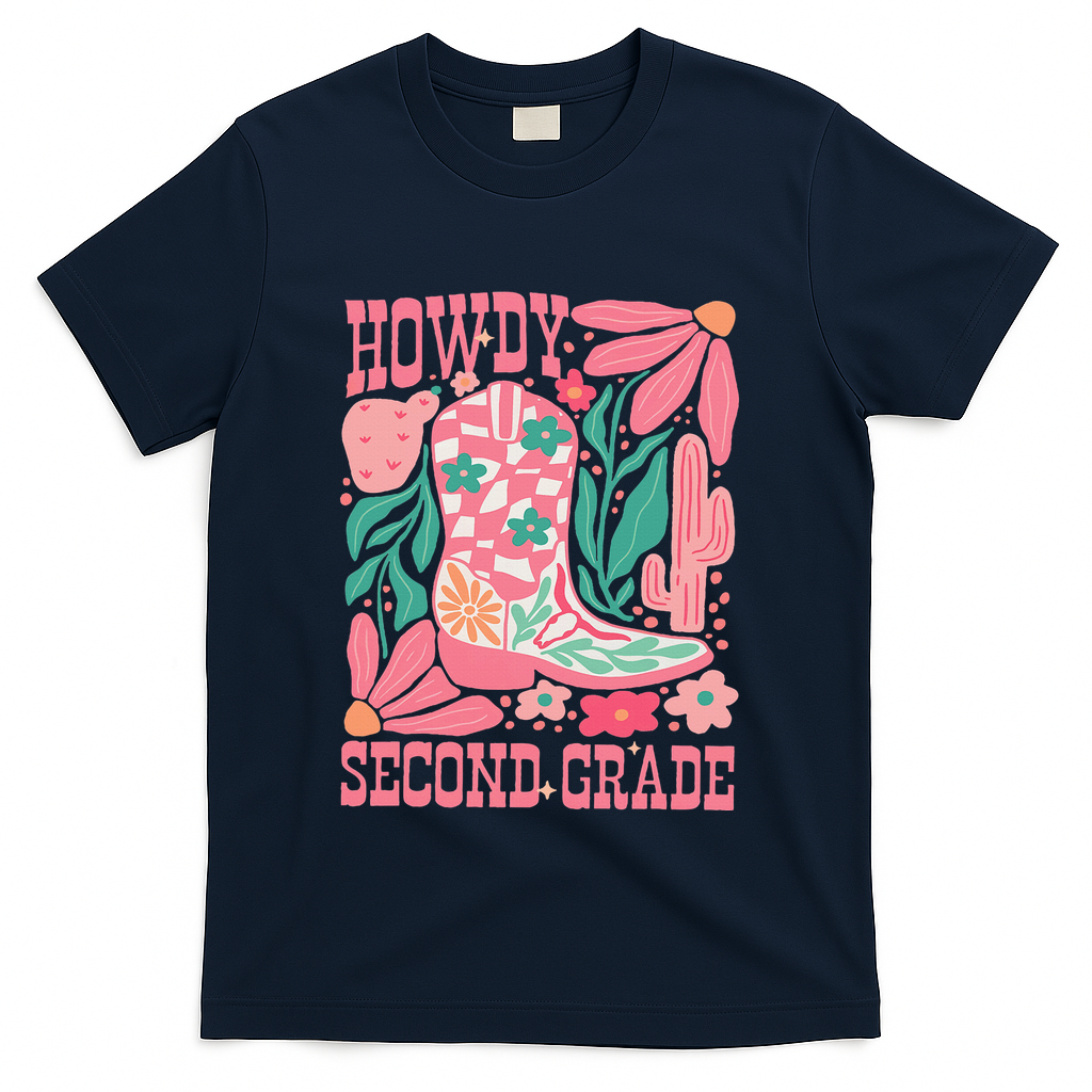 Howdy Second Grade Western 2nd Grade Teacher Cowboy Cowgirl T-Shirt - Navy