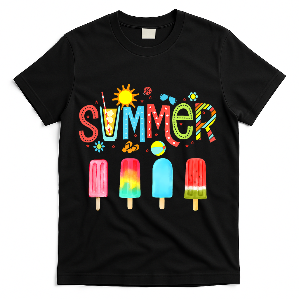 Hello Summer Vacation Ice Cream Popsicle Ice Lolly Gifts (1) T-Shirt - Black