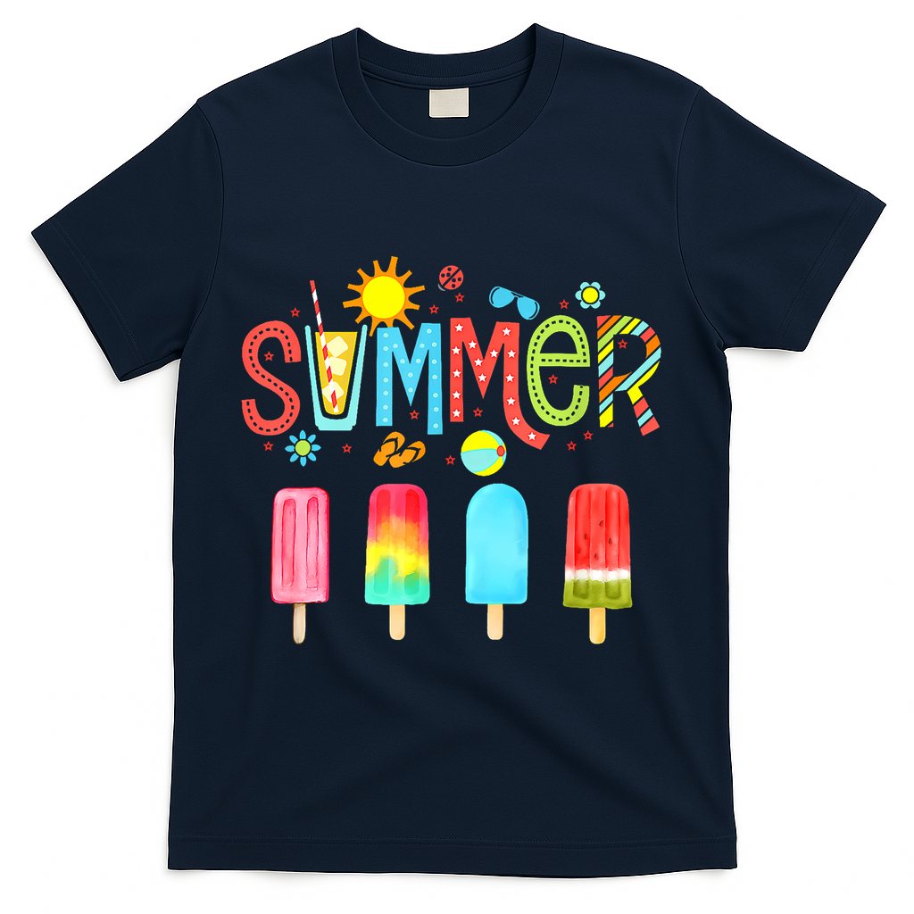 Hello Summer Vacation Ice Cream Popsicle Ice Lolly Gifts (1) T-Shirt - Navy