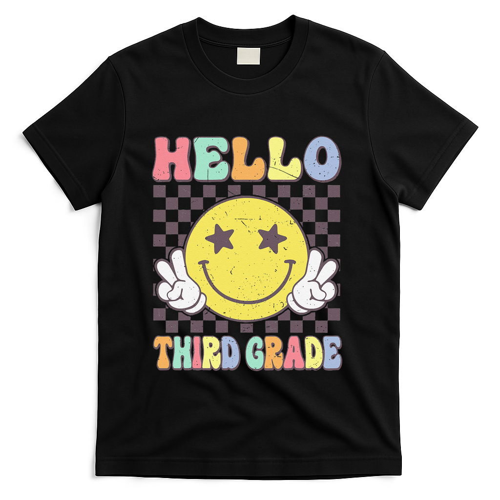 Hello Third Grade Hippie Smile Face 3rd Grade Back To School Gift T-Shirt - Black