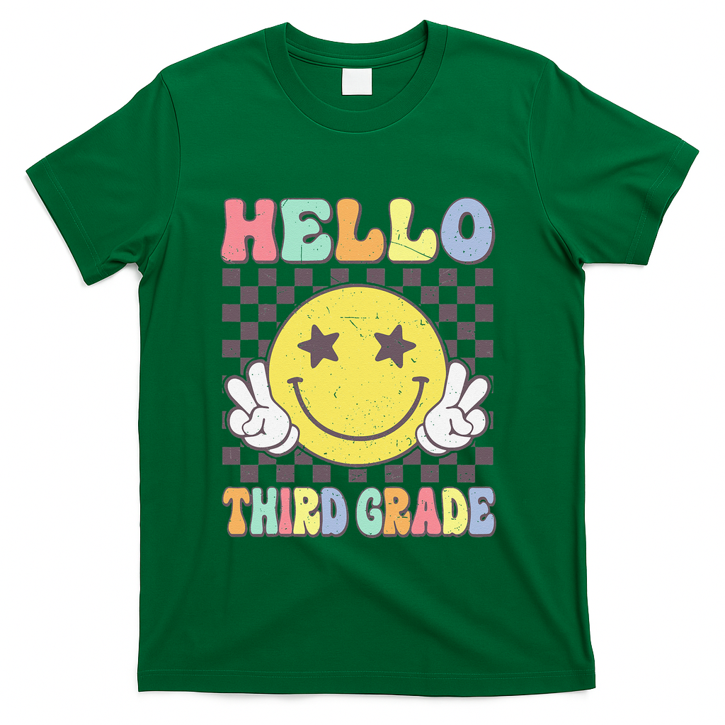 Hello Third Grade Hippie Smile Face 3rd Grade Back To School Gift T-Shirt - Green