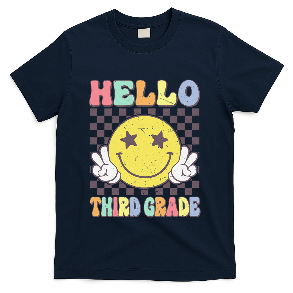 Hello Third Grade Hippie Smile Face 3rd Grade Back To School Gift T-Shirt - Navy