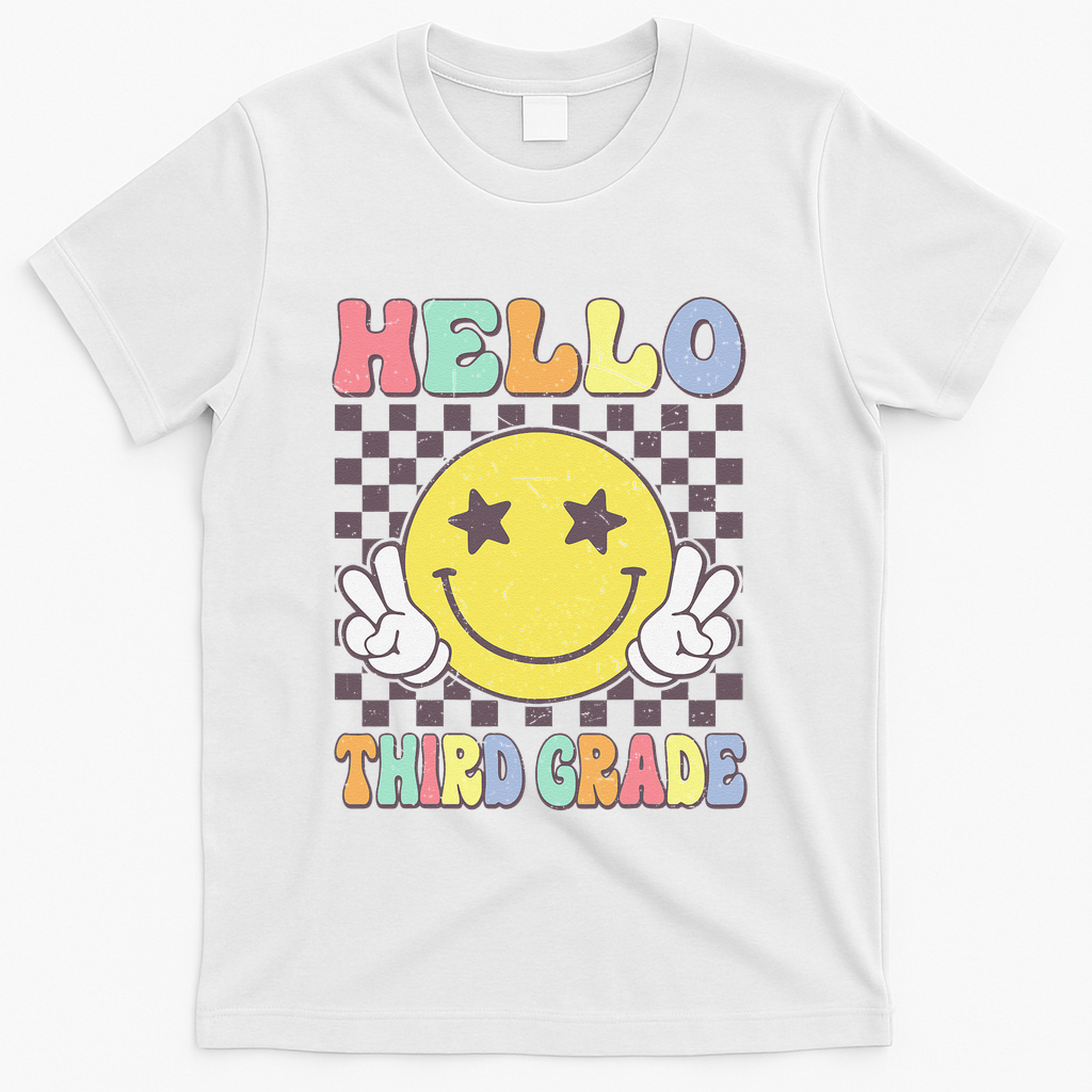 Hello Third Grade Hippie Smile Face 3rd Grade Back To School Gift T-Shirt - White