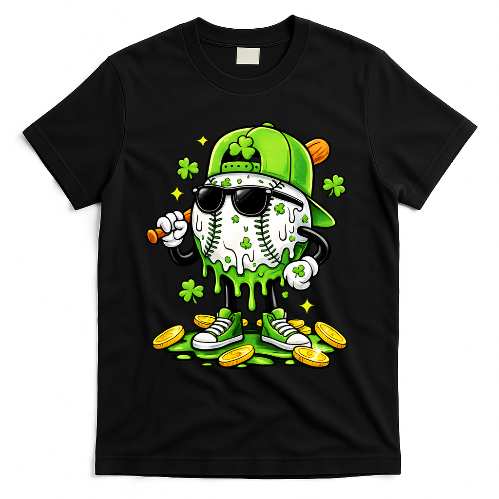Irish Baseball Melting Drip Ice Cream St Patricks Day T-Shirt - Black