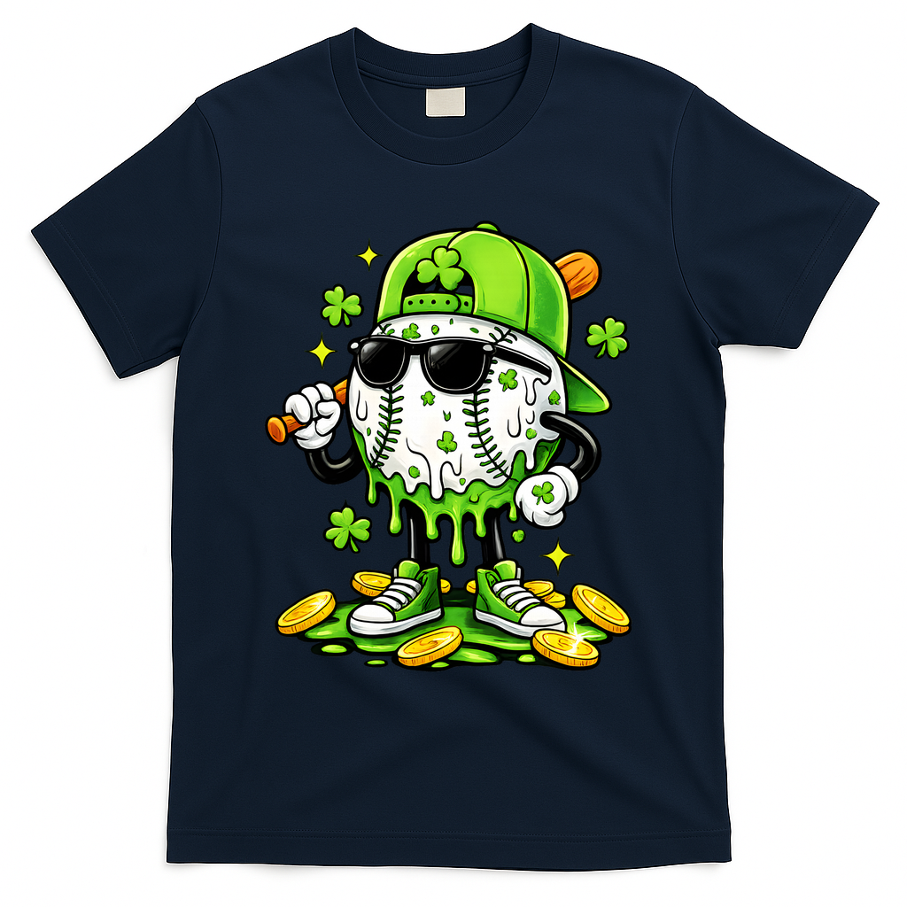 Irish Baseball Melting Drip Ice Cream St Patricks Day T-Shirt - Navy