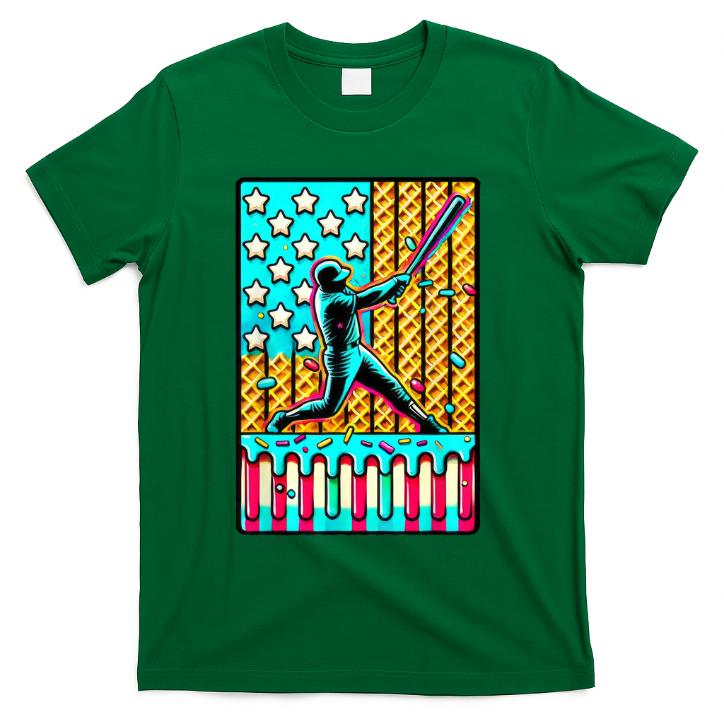 Ice Cream Drip Baseball Stuff Drip For American Flag T-Shirt - Green