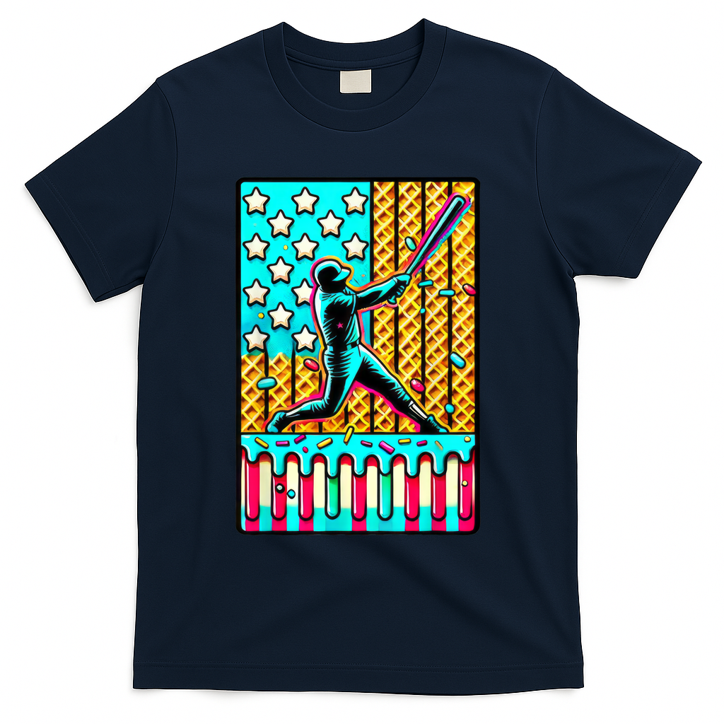 Ice Cream Drip Baseball Stuff Drip For American Flag T-Shirt - Navy