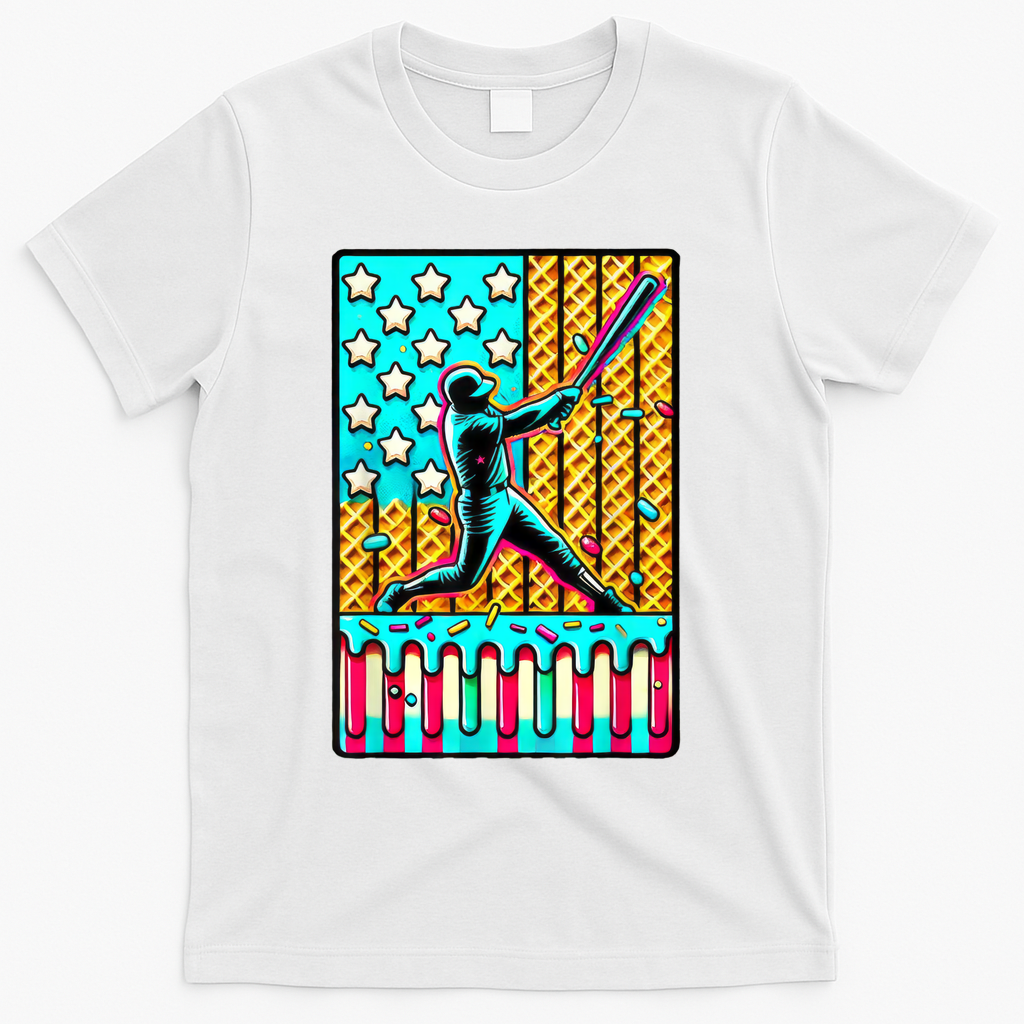 Ice Cream Drip Baseball Stuff Drip For Boy American Flag  T-Shirt - White