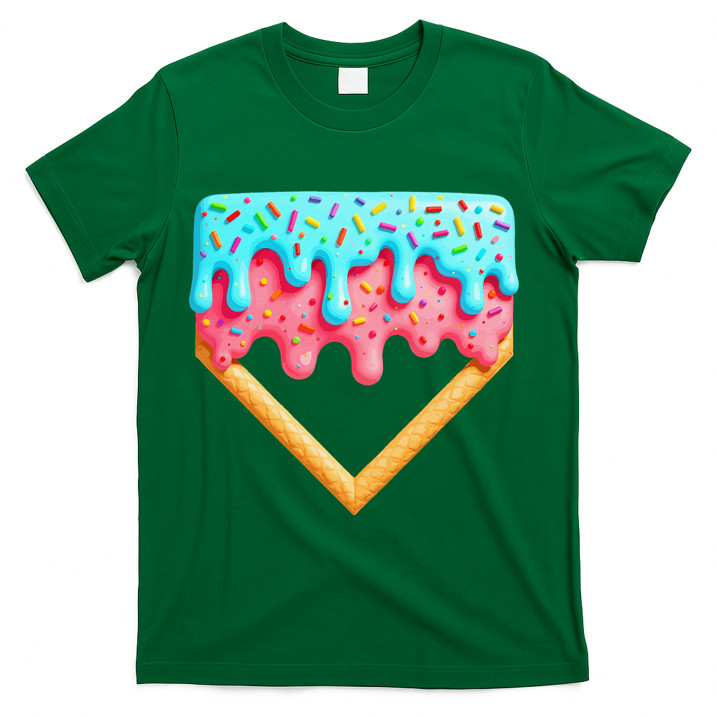Ice Cream Drip Baseball Stuff Baseball Home Plate Dripping T-Shirt - Green