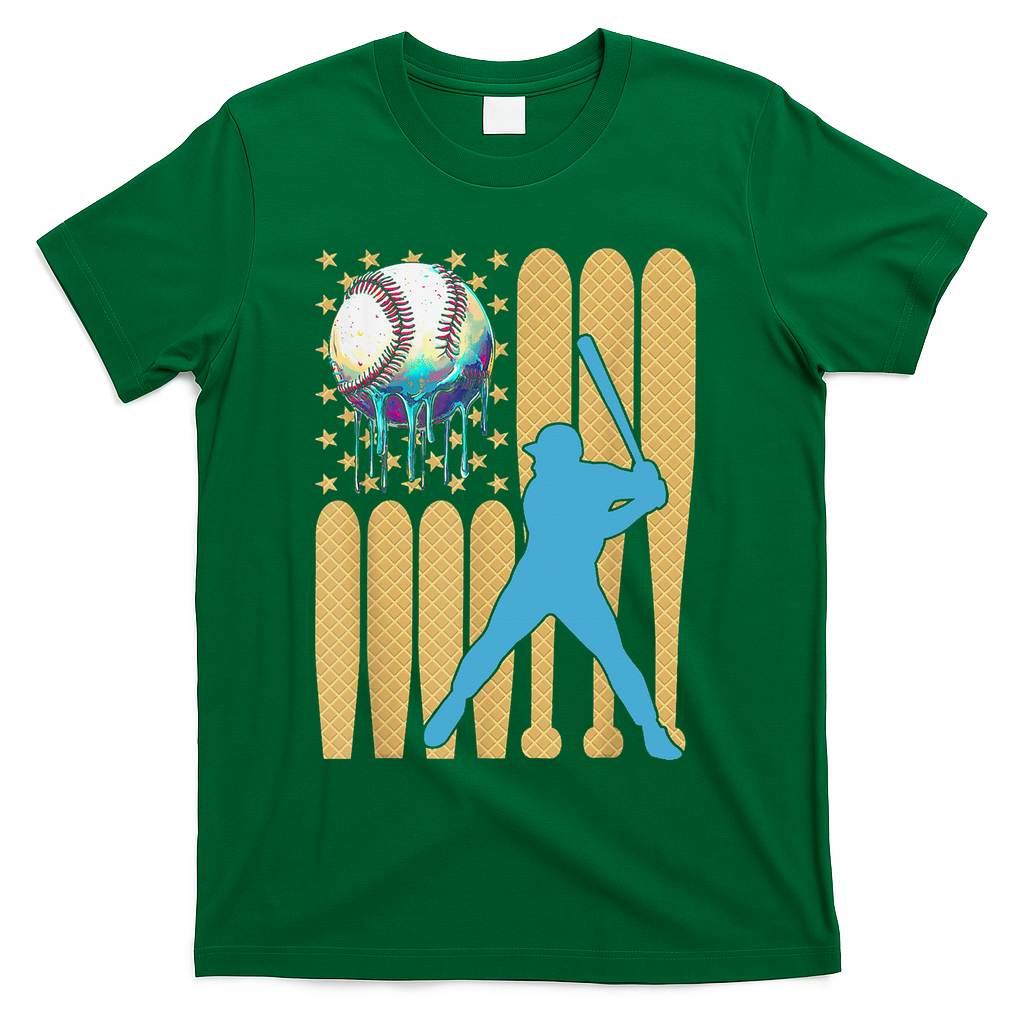 Ice Cream Drip Baseball Bat Baseball Player 4th Of July T-Shirt - Green