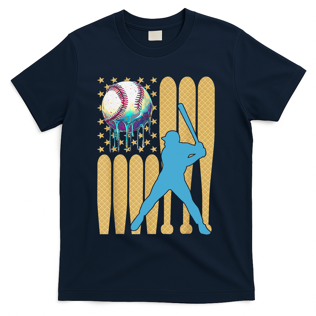 Ice Cream Drip Baseball Bat Baseball Player 4th Of July T-Shirt - Navy