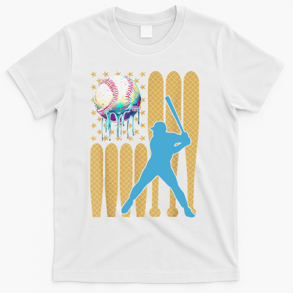 Ice Cream Drip Baseball Bat Baseball Player 4th Of July T-Shirt - White