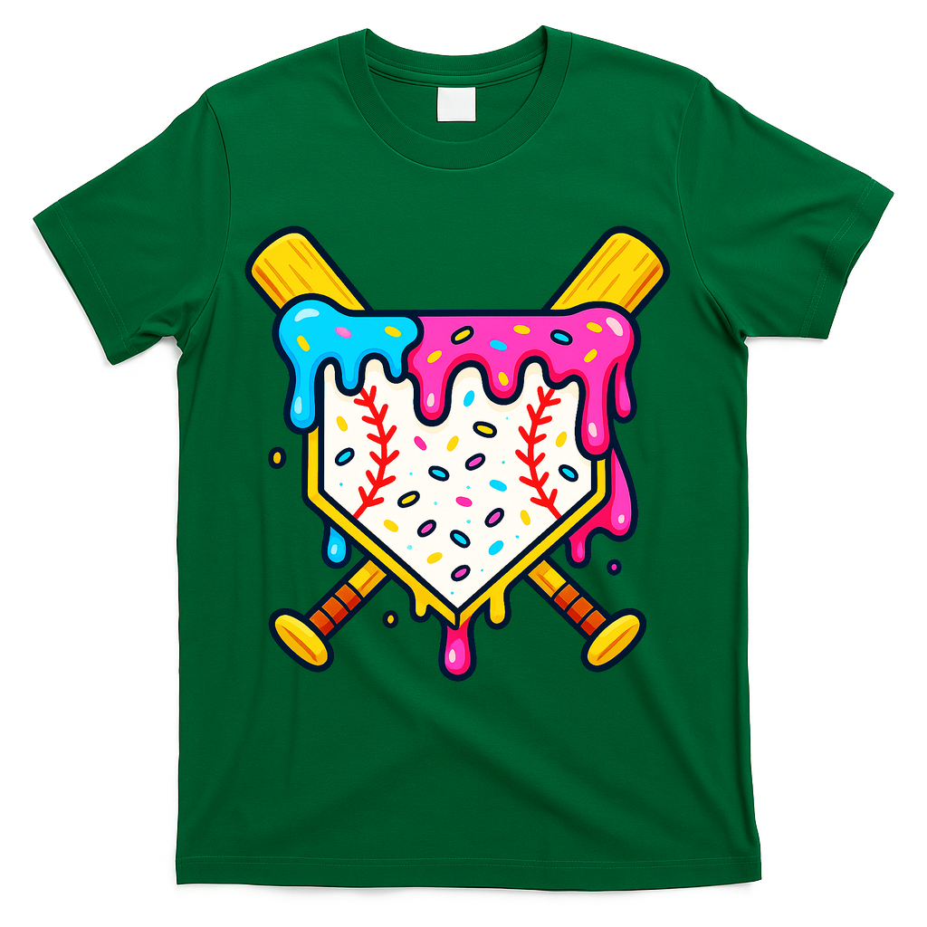 Ice Cream Drip Baseball Bat Home Plate Cool T-Shirt - Green