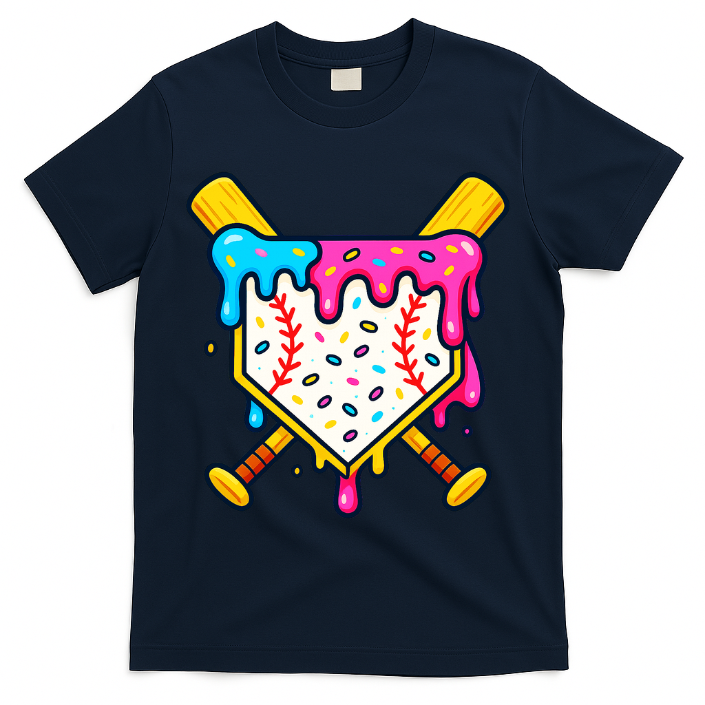 Ice Cream Drip Baseball Bat Home Plate Cool T-Shirt - Navy