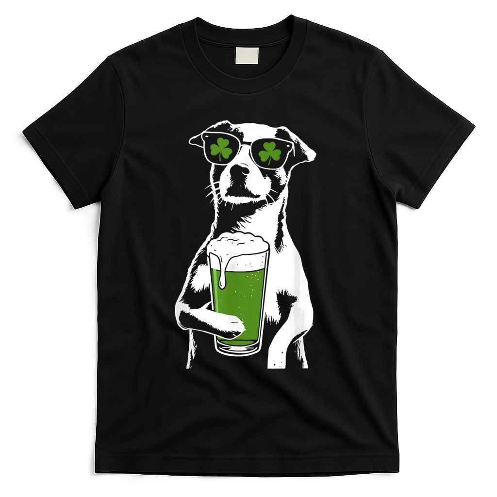 Irish Dog Drinking Beer T-Shirt - Black