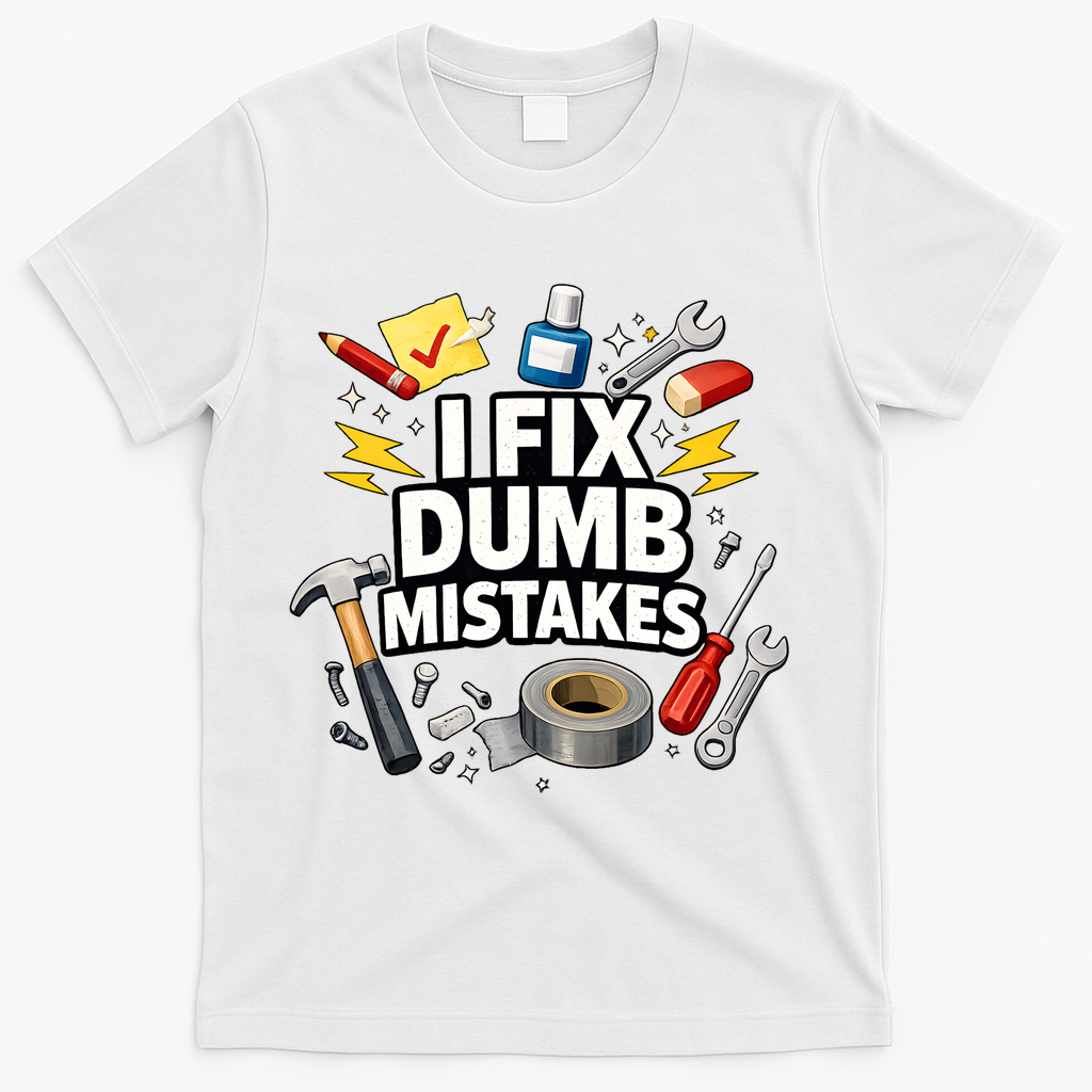 I Fix Dumb Mistakes Funny Handyman Graphic T-Shirt - White