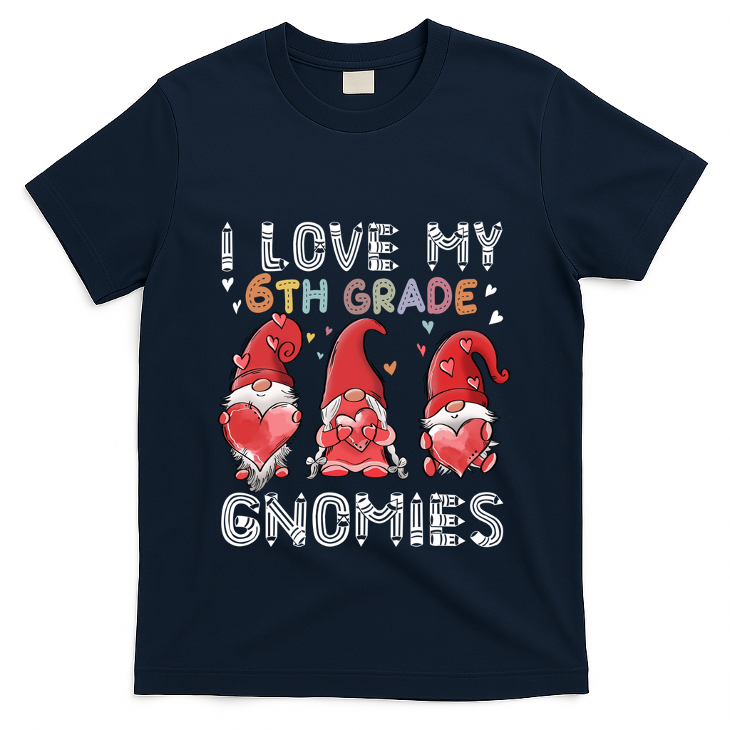 I Love My 6Th Grade Gnomies Funny Valentine Heart Teacher Gift T-Shirt