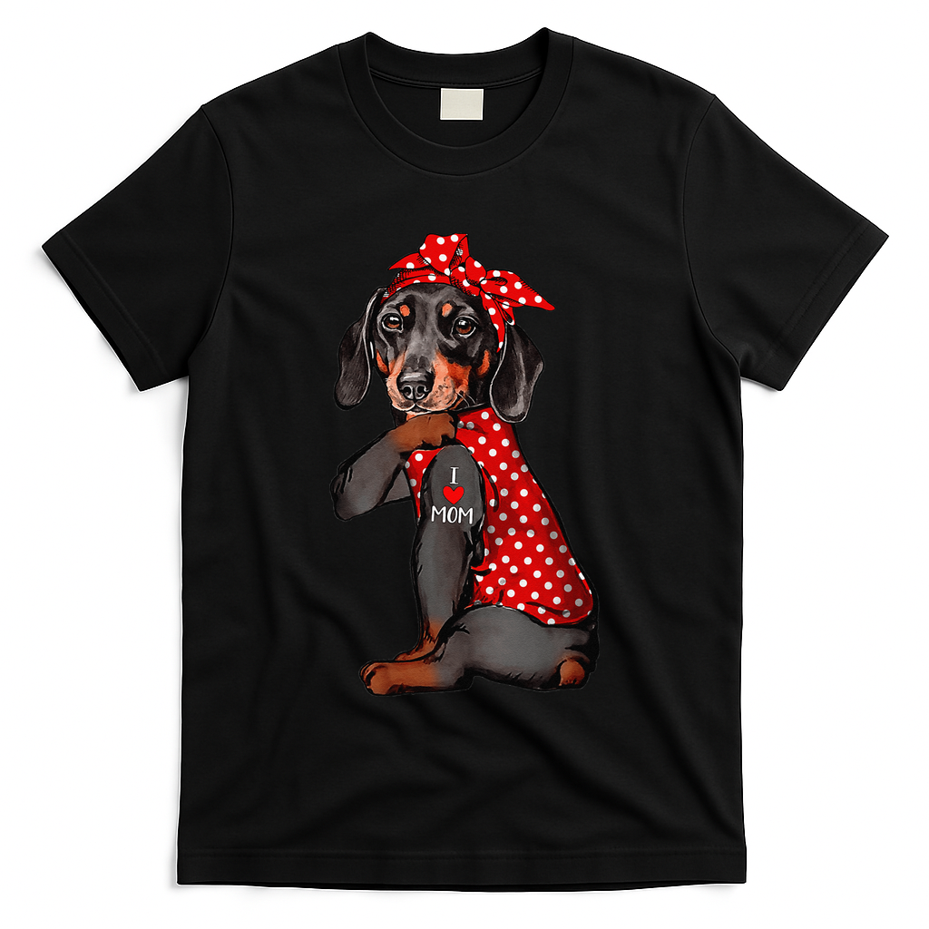I Love Mom Tattoo Funny Dachshund Dog Wearing Bandana T-Shirt