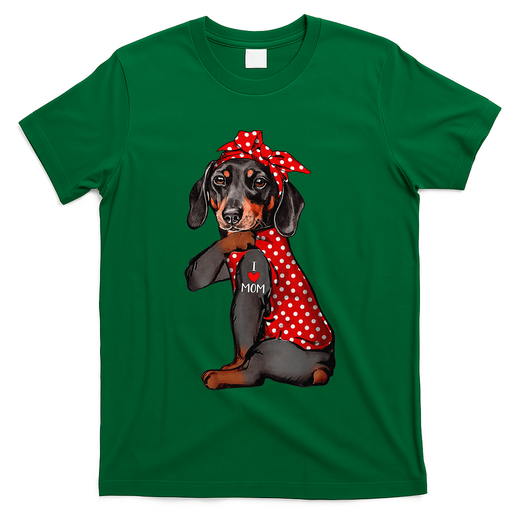 I Love Mom Tattoo Funny Dachshund Dog Wearing Bandana T-Shirt