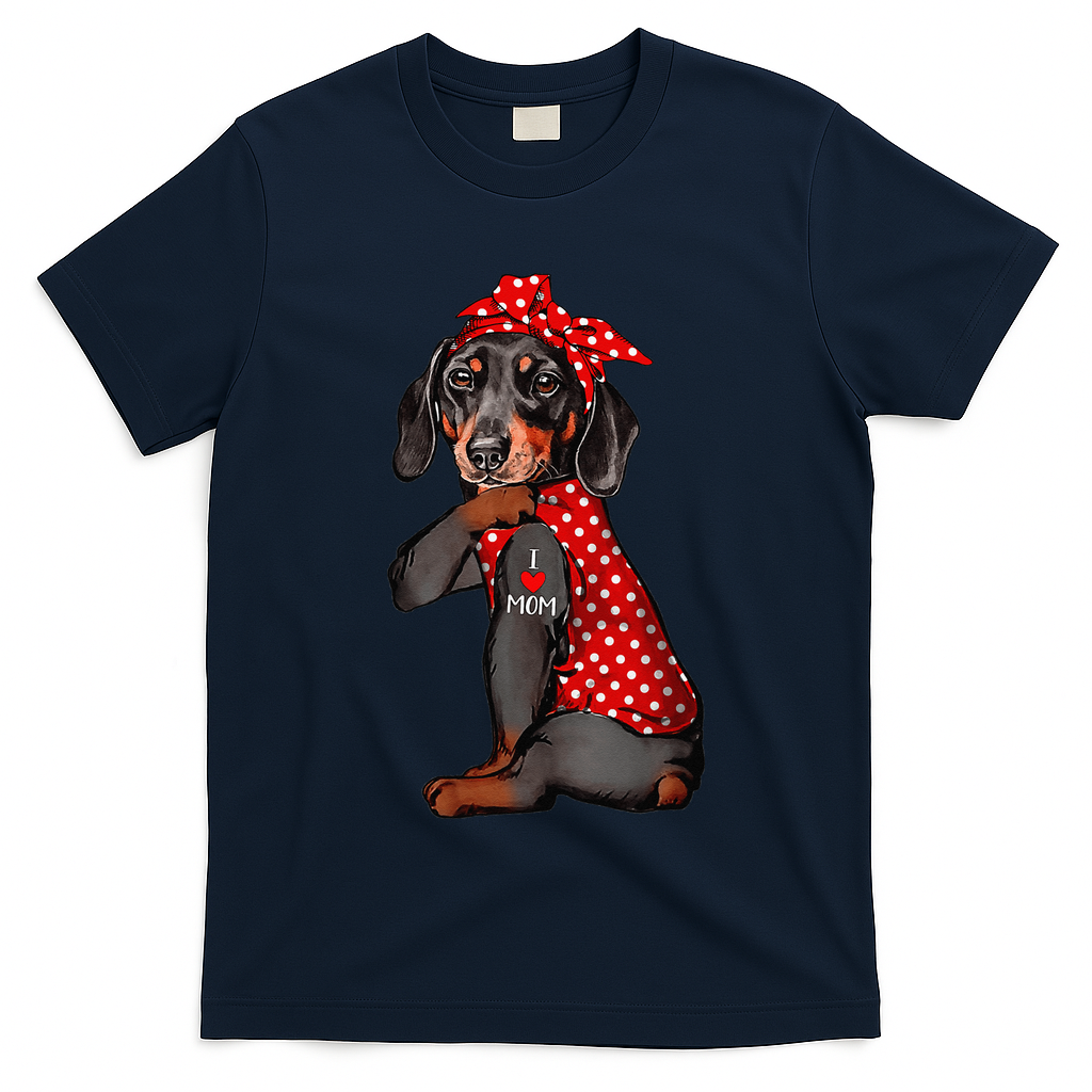 I Love Mom Tattoo Funny Dachshund Dog Wearing Bandana T-Shirt